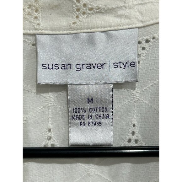 Susan Graver White Eyelet Button Down Shirt Ruched Sleeves Scalloped Hem Sz M - Picture 5 of 8